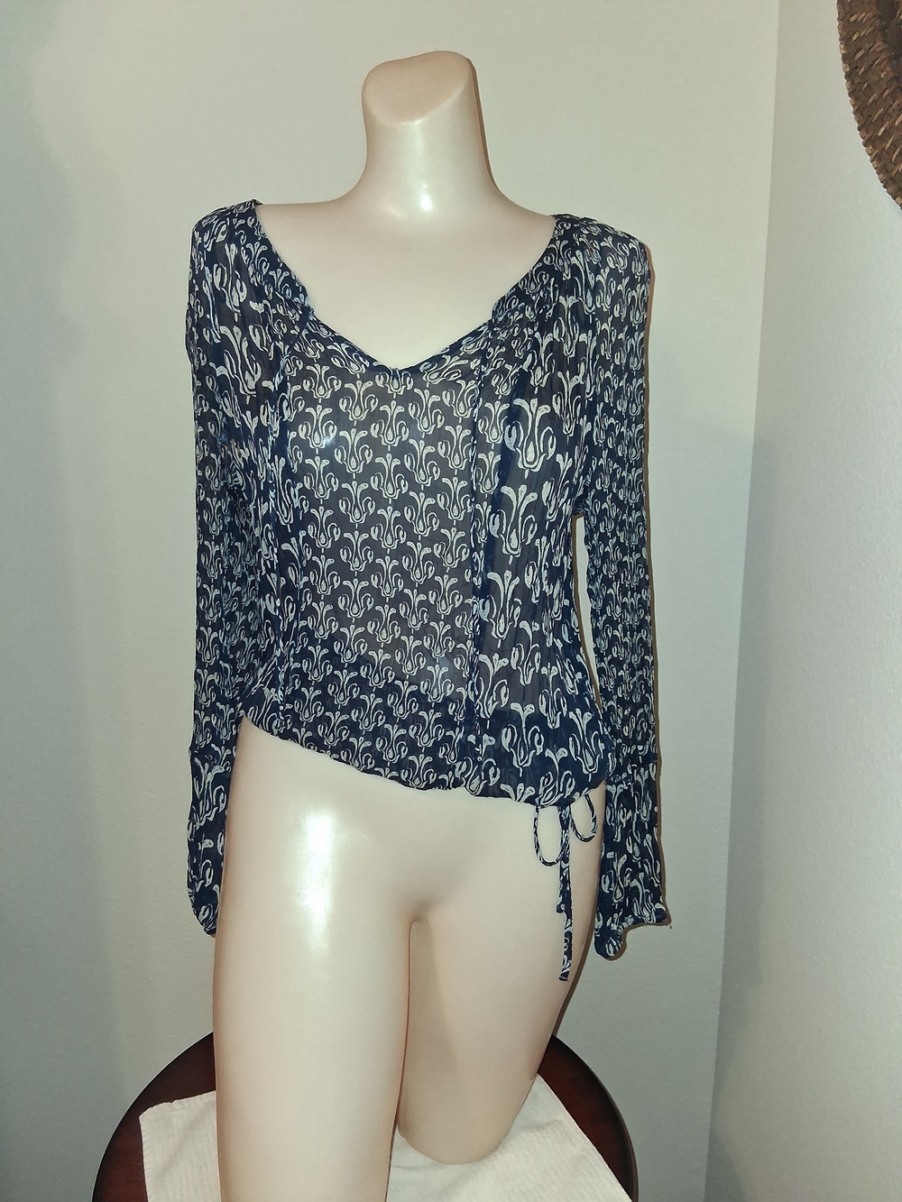 John Robshaw For LUCKY Navy and White Printed Wrap Blouse